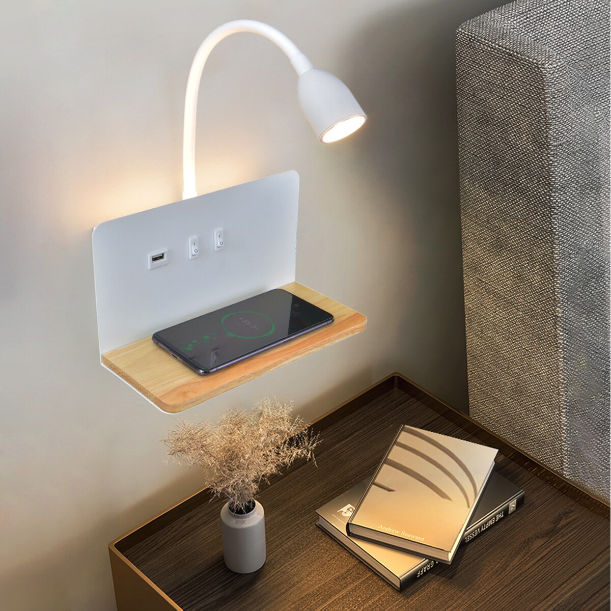Modern USB And Wireless Charging 360° Rotatable Bedside LED Wall Lamp Einar SPINGAR.COM