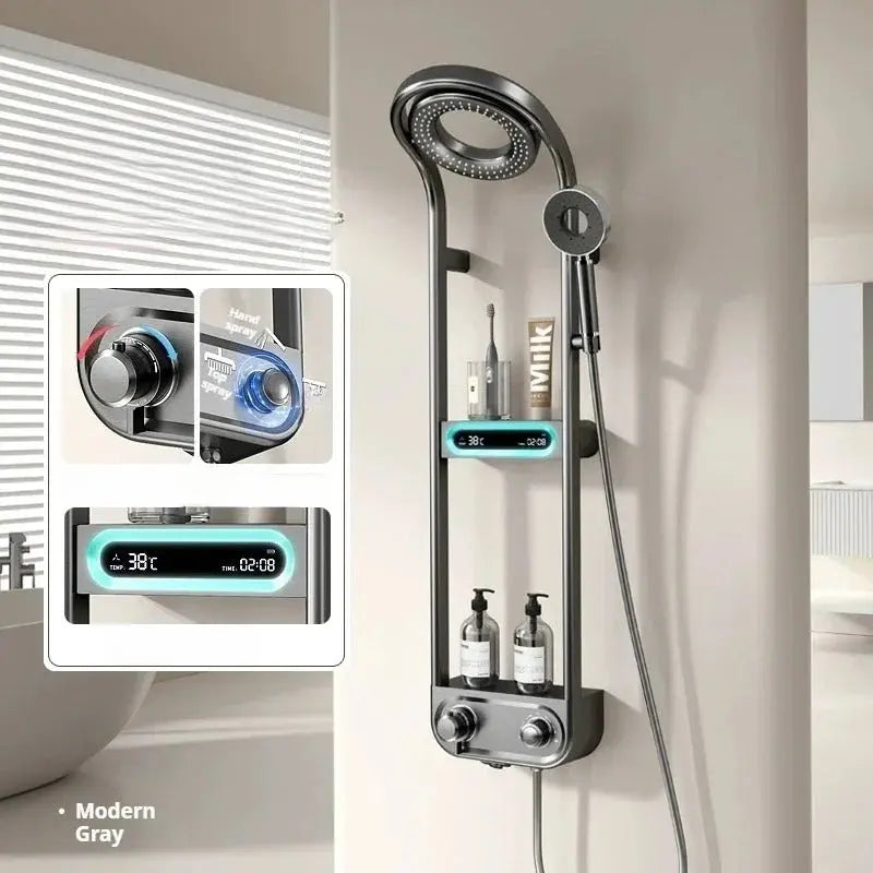 New Design Luxury Thermostatic Smart Rain Shower System with LED light, Digital Display and Swivel Shower Head SPINGAR.COM