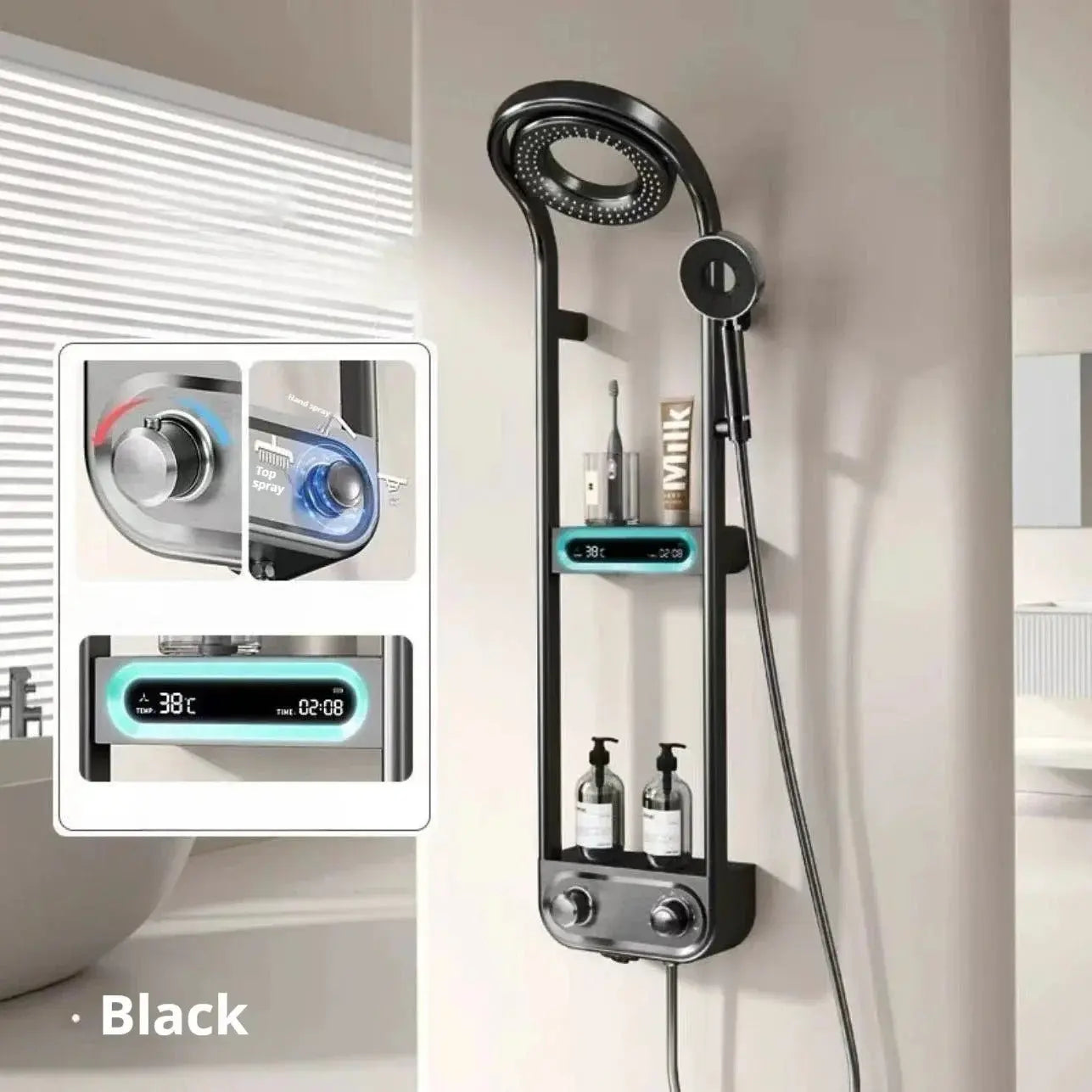 New Design Luxury Thermostatic Smart Rain Shower System with LED light, Digital Display and Swivel Shower Head SPINGAR.COM