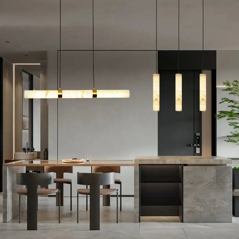 Albert – Dimmable Linear LED Pendant Light with White Alabaster Marble Design Kozyled.com