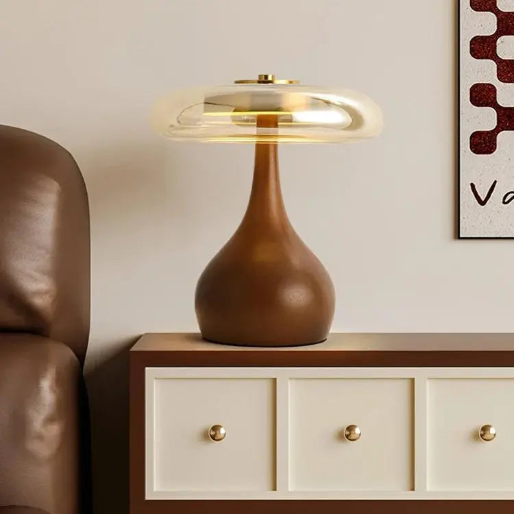 Julius – Mushroom-Style Glass and Walnut LED Table Lamp for Elegant Living Spaces Kozyled