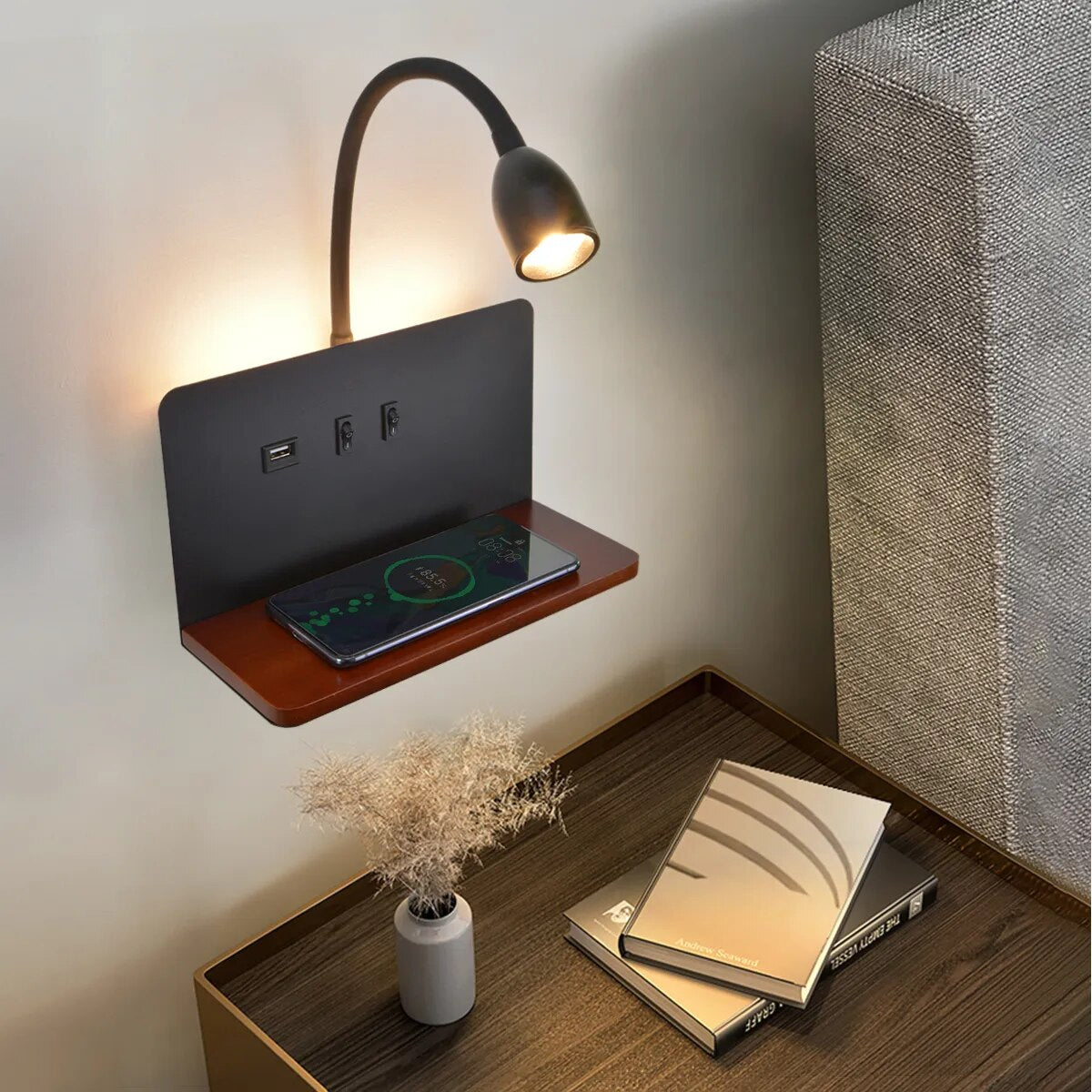 Modern USB And Wireless Charging 360° Rotatable Bedside LED Wall Lamp Einar