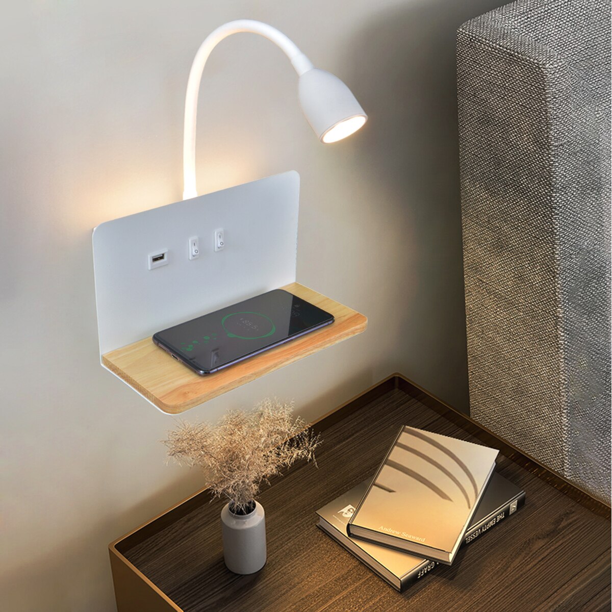 Modern USB And Wireless Charging 360° Rotatable Bedside LED Wall Lamp Einar