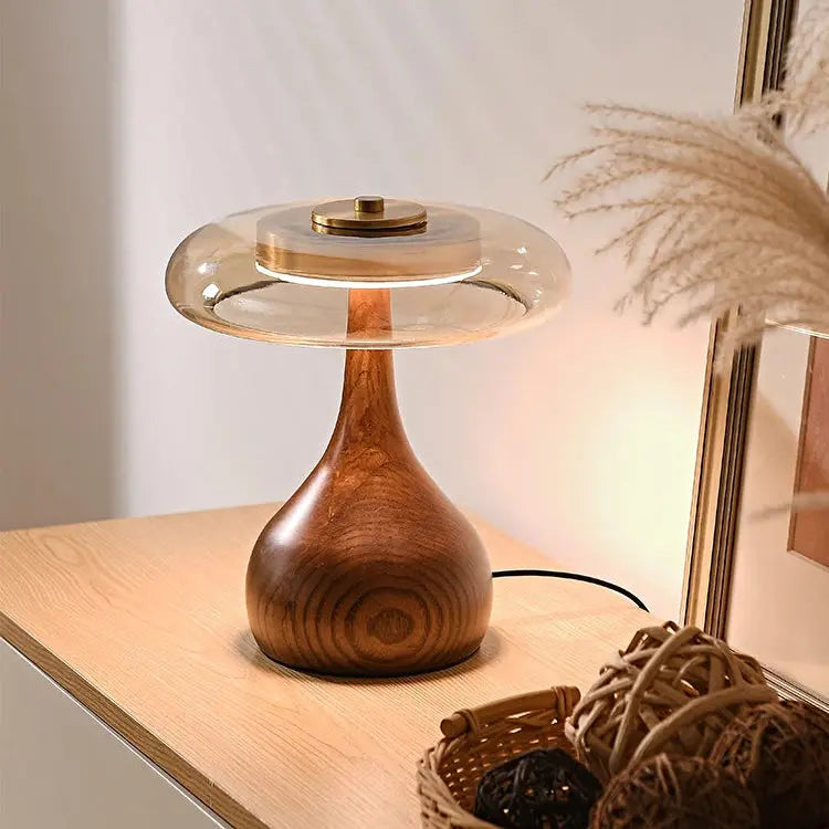 Julius – Mushroom-Style Glass and Walnut LED Table Lamp for Elegant Living Spaces Kozyled