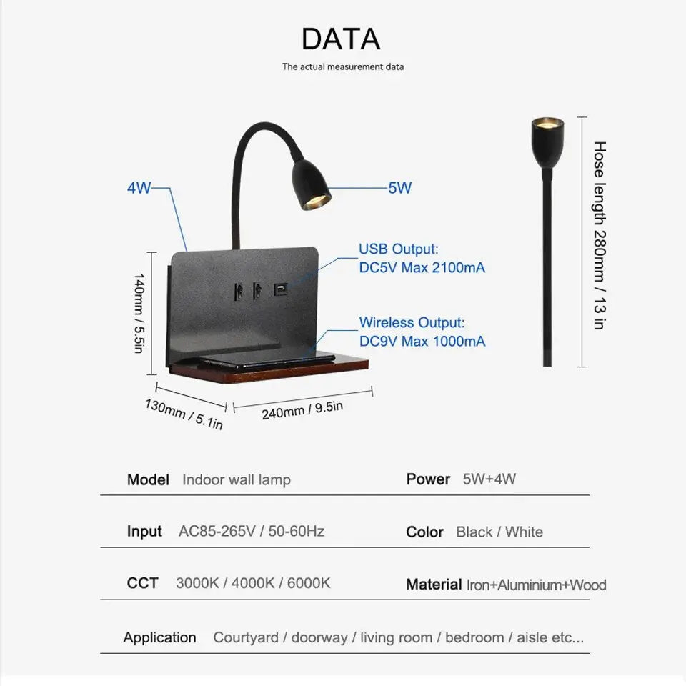 Modern USB And Wireless Charging 360° Rotatable Bedside LED Wall Lamp Einar SPINGAR.COM