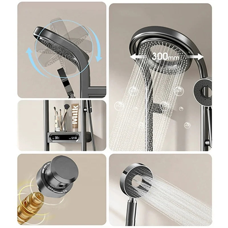 New Design Luxury Thermostatic Smart Rain Shower System with LED light, Digital Display and Swivel Shower Head